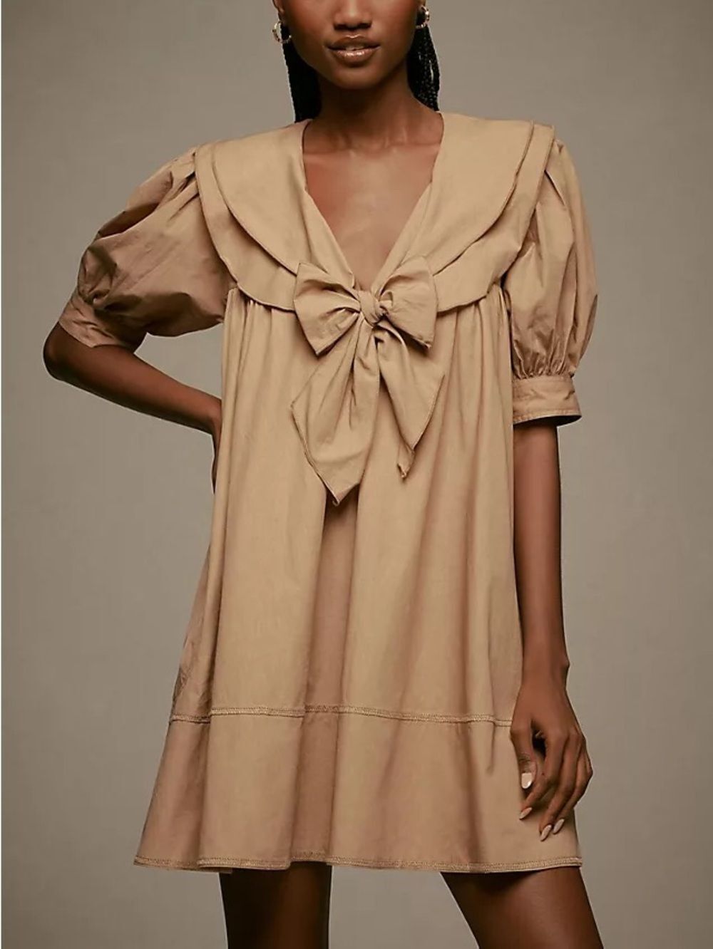 Anthropologie Pilcro Beige Babydoll Tunic Dress Bow Tie Sailor Collar Size S - Picture 1 of 11